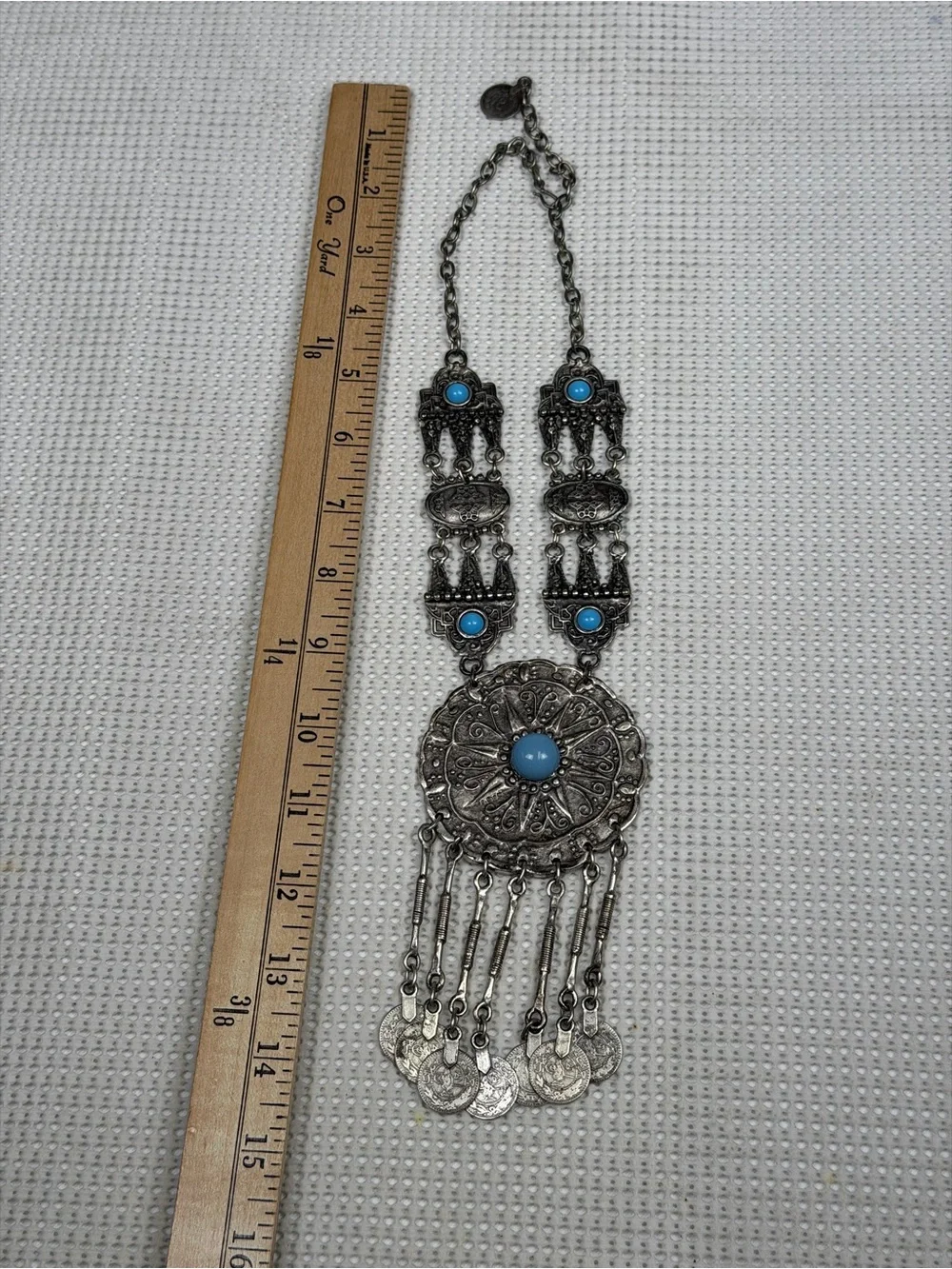 Faux Turquoise Silver-Tone Boho Medallion Native American inspired Bold Necklace